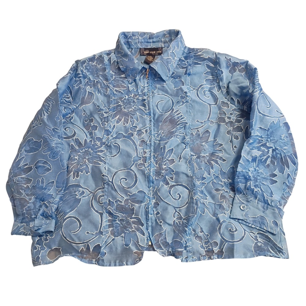 Susan Graver Style Zip Up Shirt Womens 2X Blue Floral Burnout Sheer Embroidered